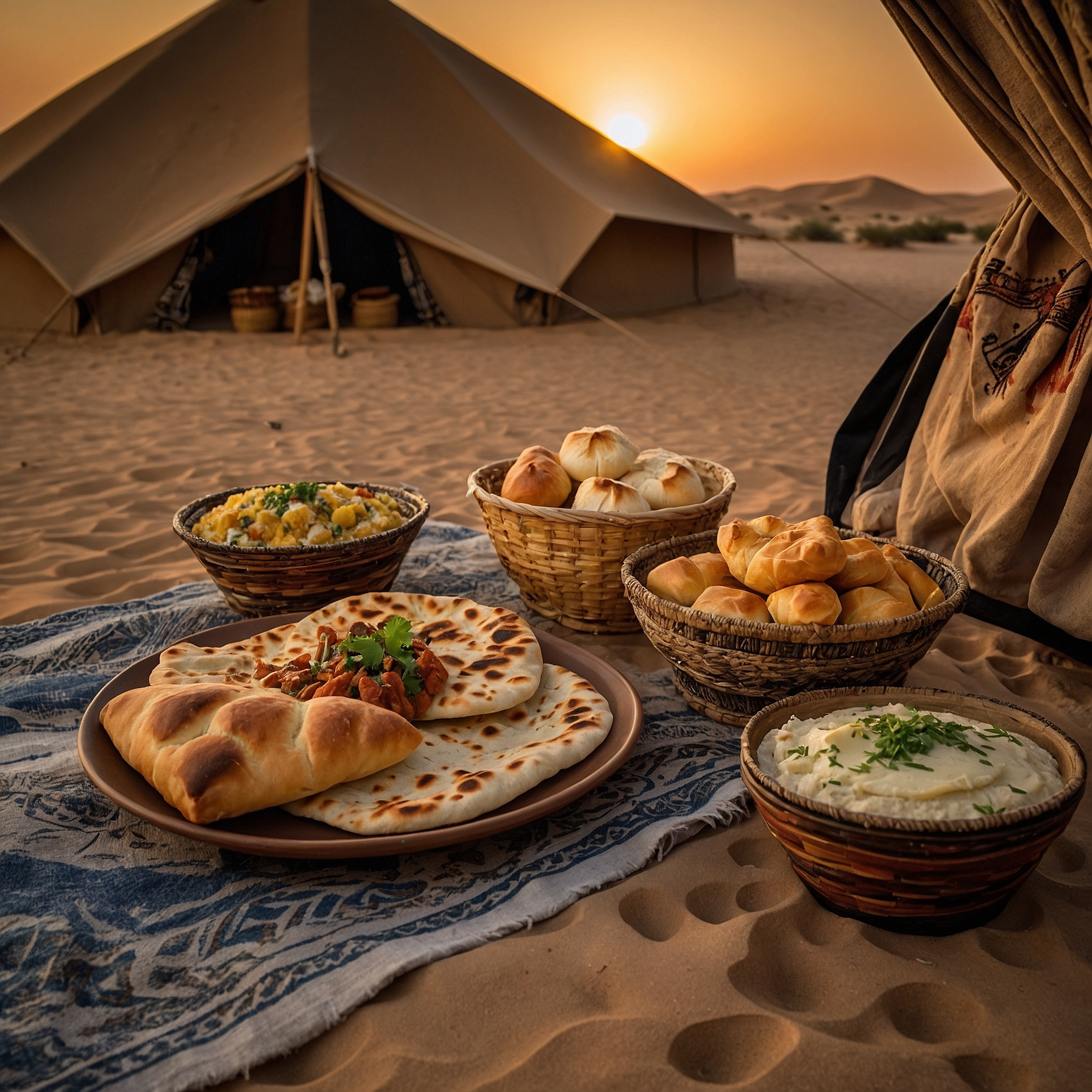 A variety of breads including naan, garlic bread, Arabic khubz bread, and butter naan, served in baskets at a traditional Bedouin-style camp during an evening desert safari in Dubai @exploredesertsafari.com.