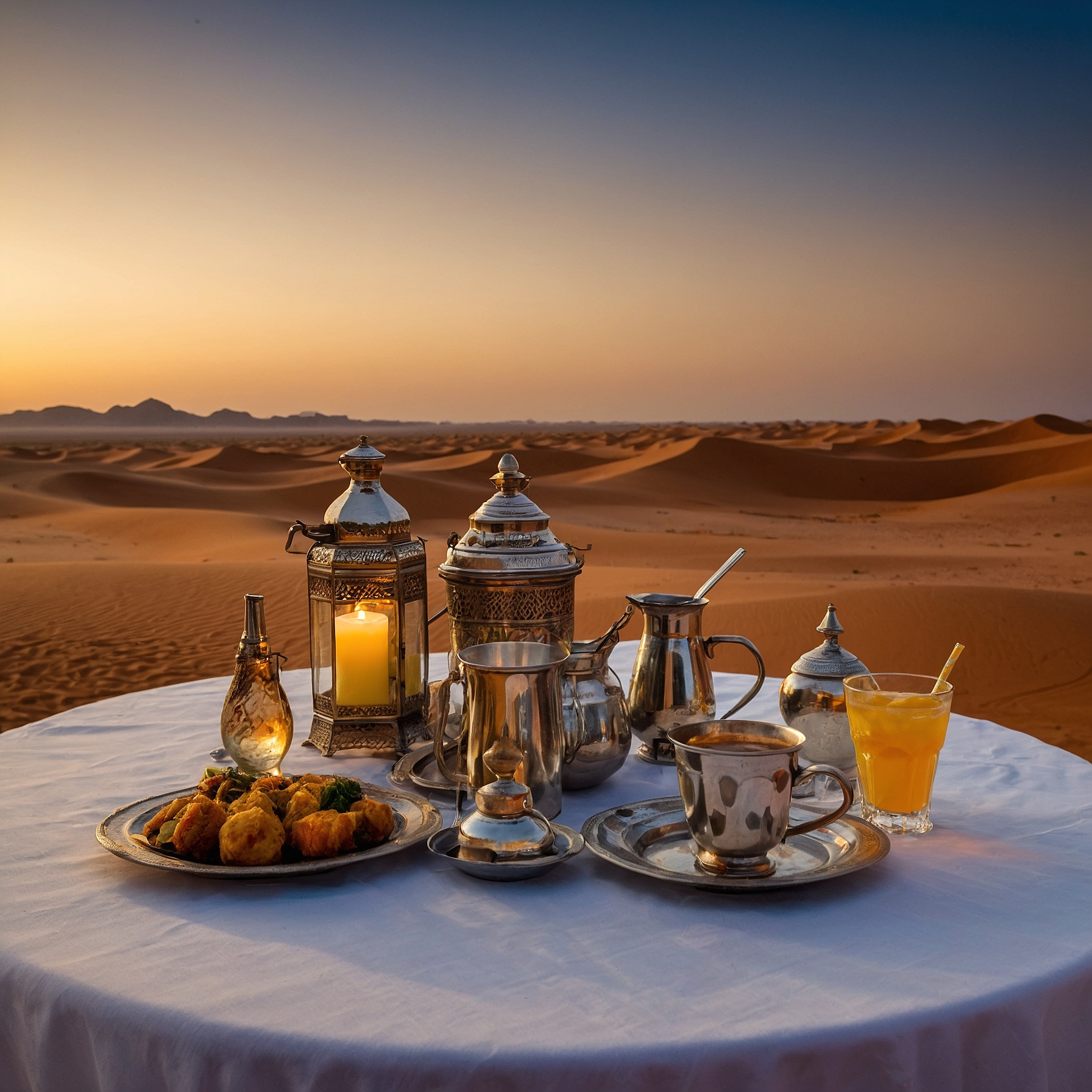 A selection of beverages including Arabic coffee, tea, soft drinks, and mineral water, served in traditional glassware in a Bedouin-style desert safari camp, with guests relaxing under the twilight sky @exploredesertsafari.com.