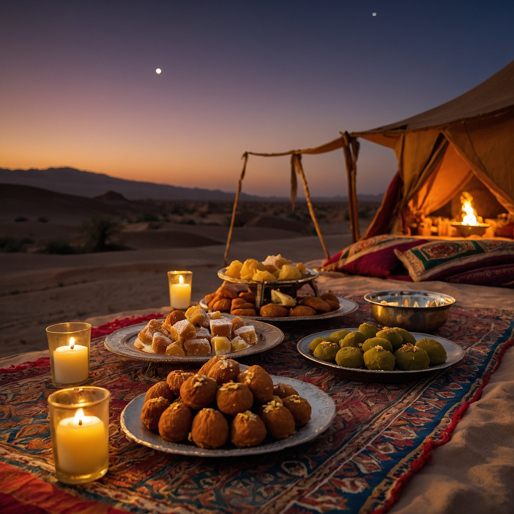 An assortment of non-vegetarian desserts including Umm Ali, gulab jamun, and baklava, served in a desert camp during a Dubai desert safari, with guests enjoying a post-dinner dessert near a campfire @exploredesertsafari.com.