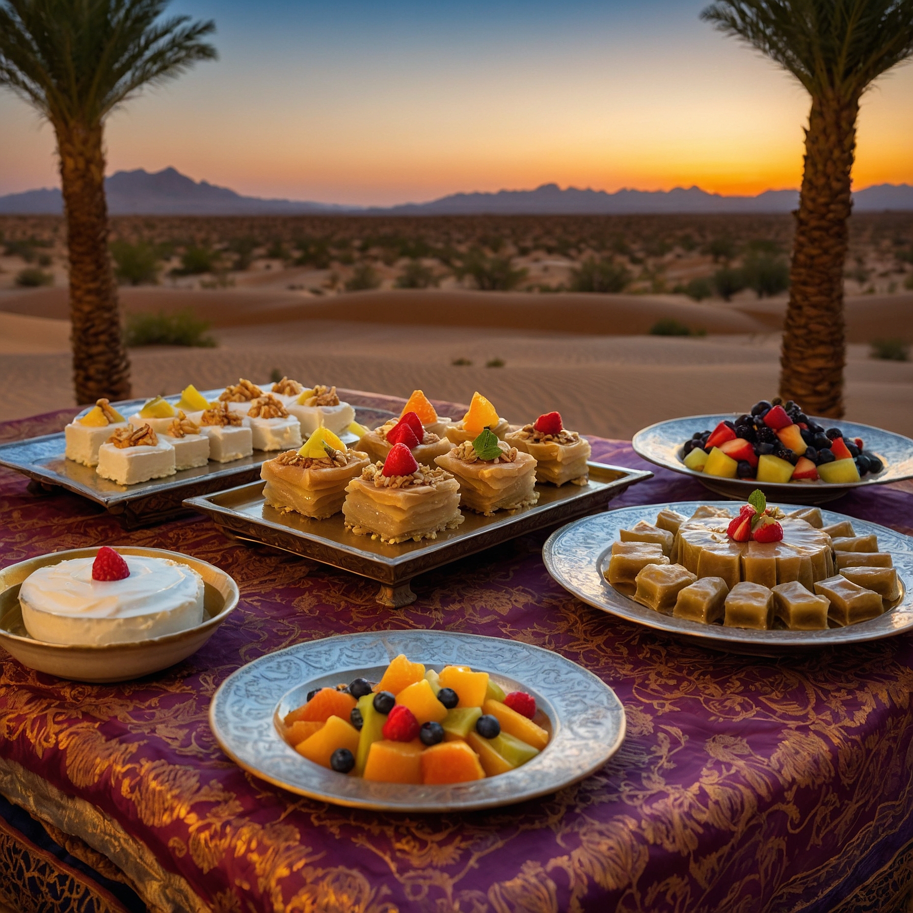 A spread of vegetarian desserts including baklava, fresh fruit salad, and Arabic rice pudding (mahalabiya), served in a cozy desert camp under lantern lights during an evening desert safari in Dubai @exploredesertsafari.com.