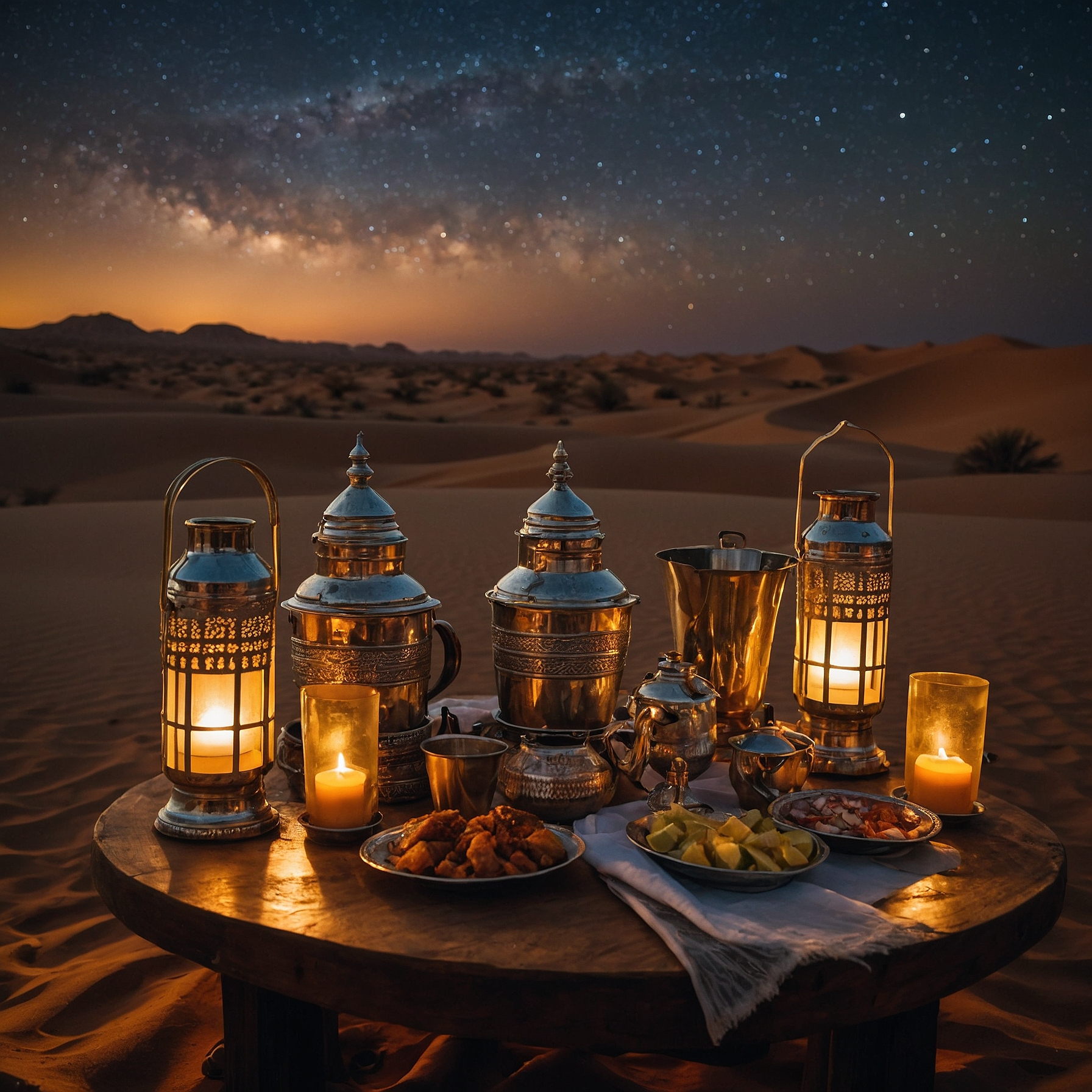 A beverage station featuring Arabic coffee, tea, soft drinks, and water served in traditional cups at a Bedouin-style camp in the Dubai desert during an evening desert safari @exploredesertsafari.com.