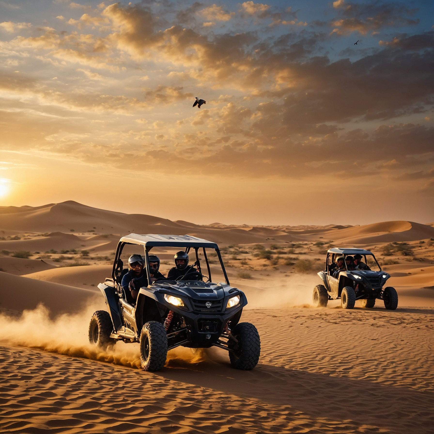 Extra paid activities during an evening desert safari in Dubai, including quad biking, buggy rides, and a private falconry session, set against the desert dunes and sunset @exploredesertsafari.com.