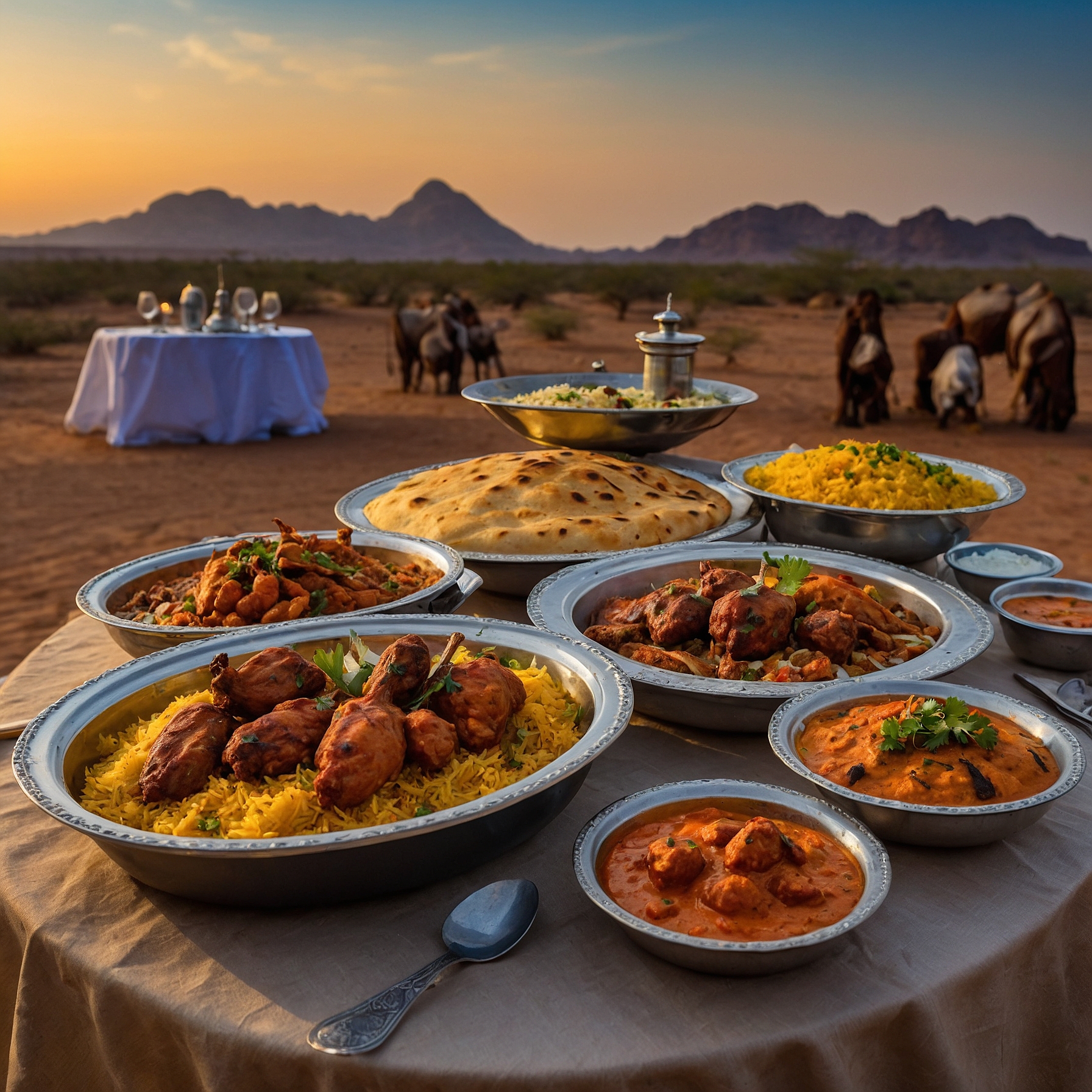 A variety of non-vegetarian main course dishes such as chicken biryani, lamb kofta, BBQ grilled fish, chicken tikka, and butter chicken, served with naan and khubz bread at an evening desert safari camp @exploredesertsafari.com.