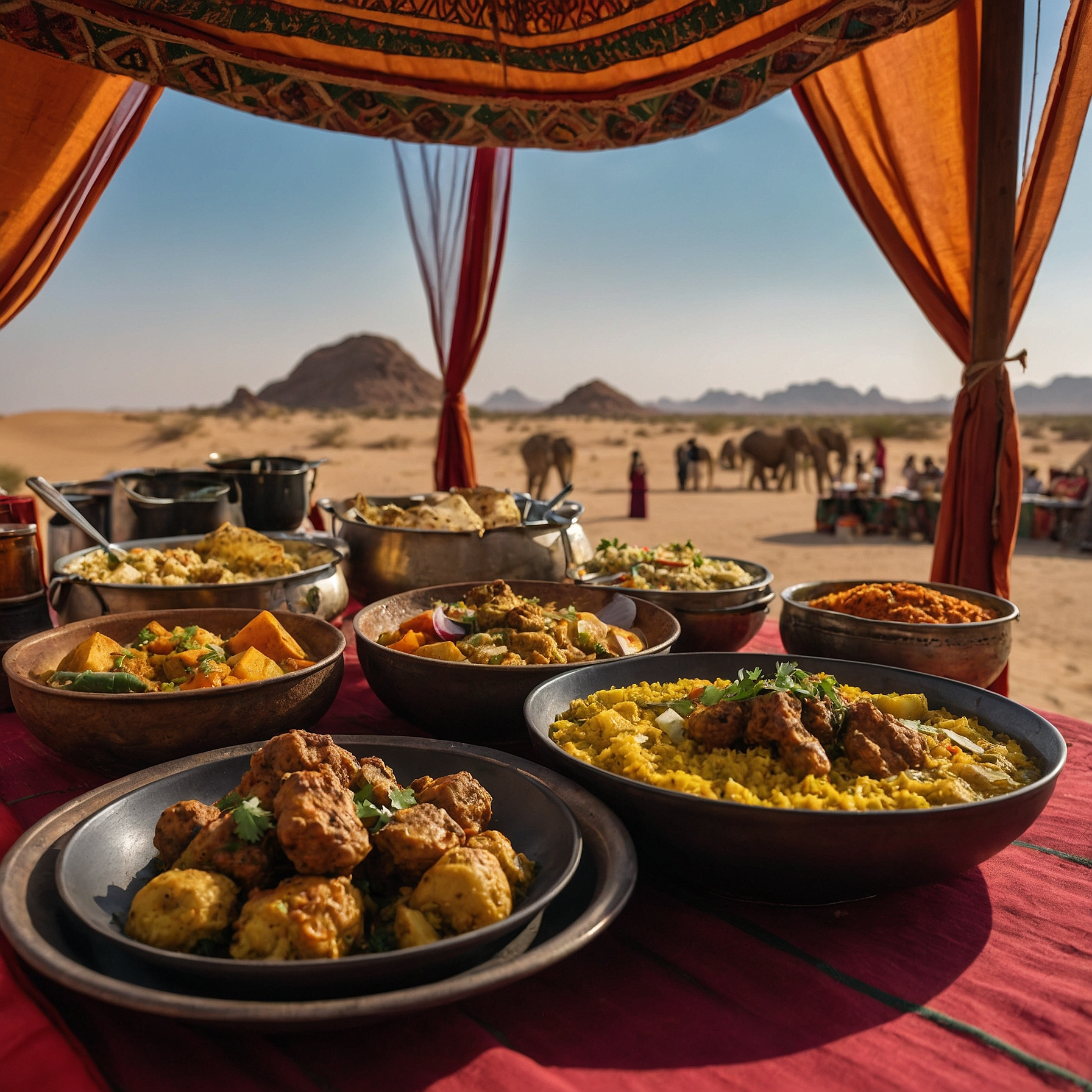 A variety of vegetarian main course dishes such as vegetable biryani, grilled paneer skewers, vegetable kofta, and aloo gobi, served with naan and khubz bread in a desert safari camp in Dubai @exploredesertsafari.com.