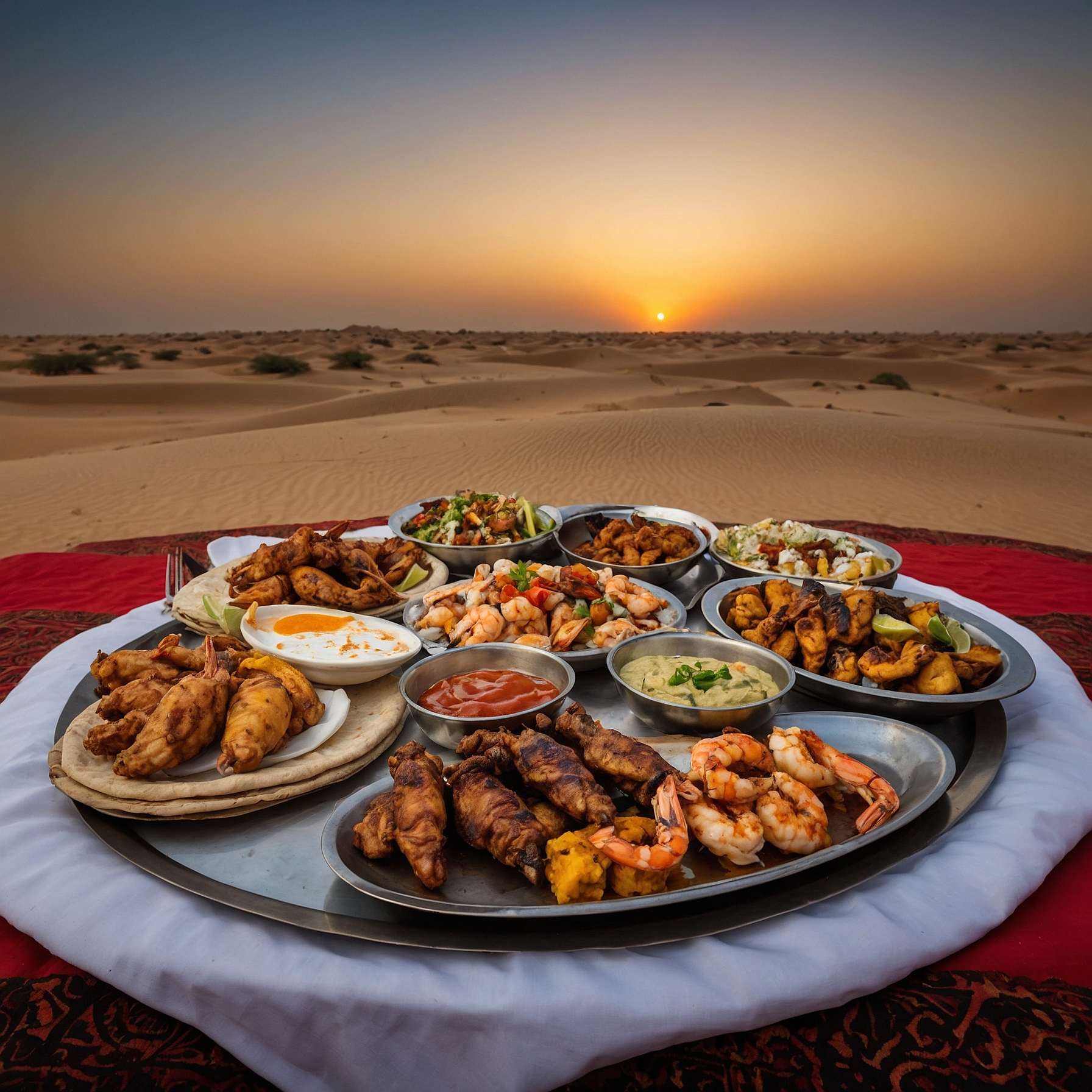 A platter of non-vegetarian starters including chicken shawarma wraps, lamb kebabs, grilled prawns, and chicken wings with Arabic spices, served on a low table in a desert safari camp in Dubai @exploredesertsafari.com.