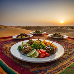 A platter of vegetarian starters including hummus with pita bread, falafel, fresh garden salad, and stuffed grape leaves, served on a low table in a Bedouin-style camp during an evening desert safari in Dubai @exploredesertsafari.com