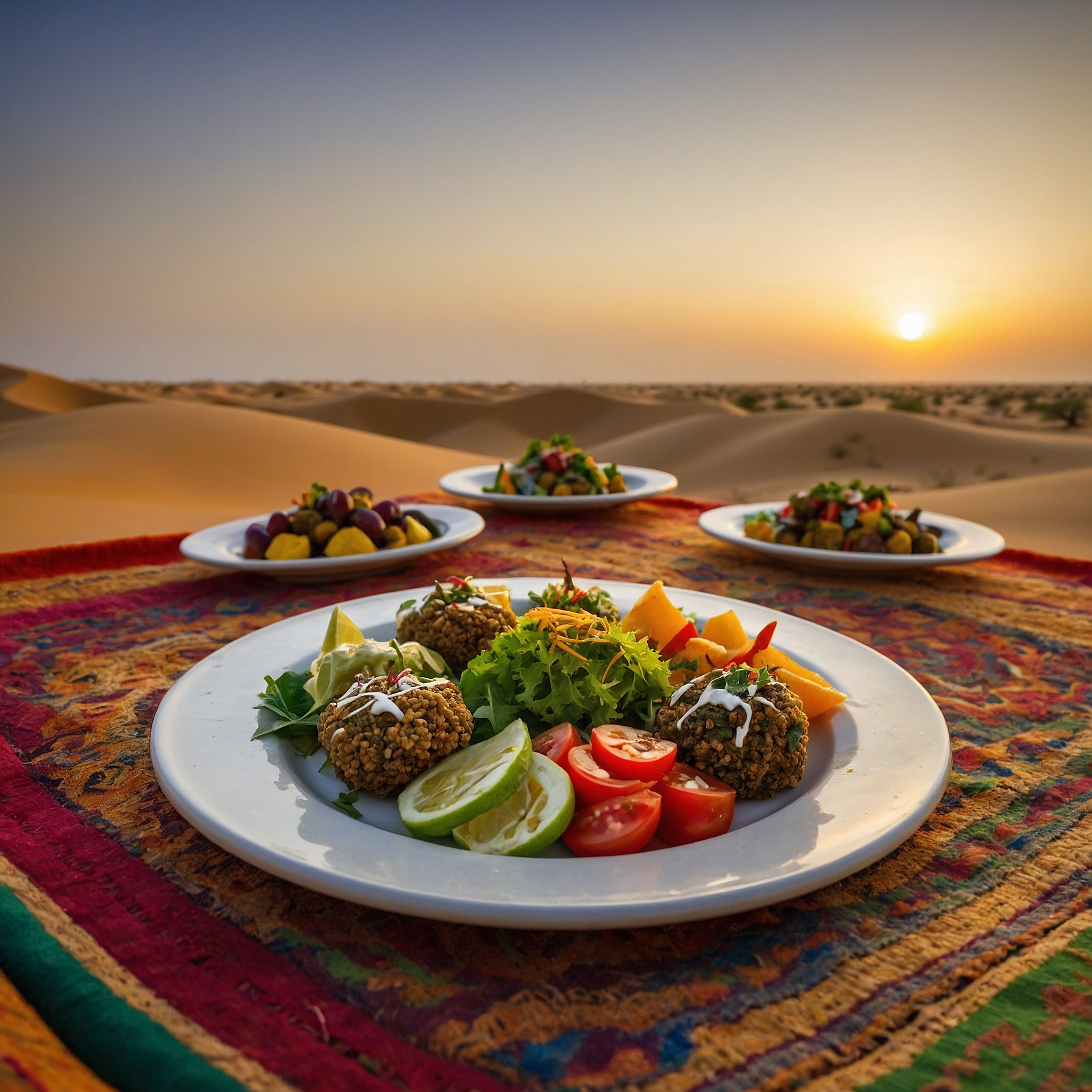 A platter of vegetarian starters including hummus with pita bread, falafel, fresh garden salad, and stuffed grape leaves, served on a low table in a Bedouin-style camp during an evening desert safari in Dubai @exploredesertsafari.com
