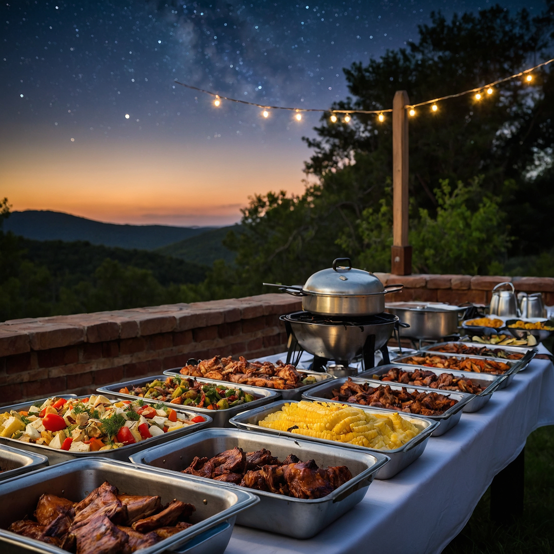 Stunning BBQ dinner buffet under the stars in the Dubai desert with gourmet dishes, plush seating, and lanterns illuminating the dining area surrounded by sand dunes." @exploredesertsafari.com