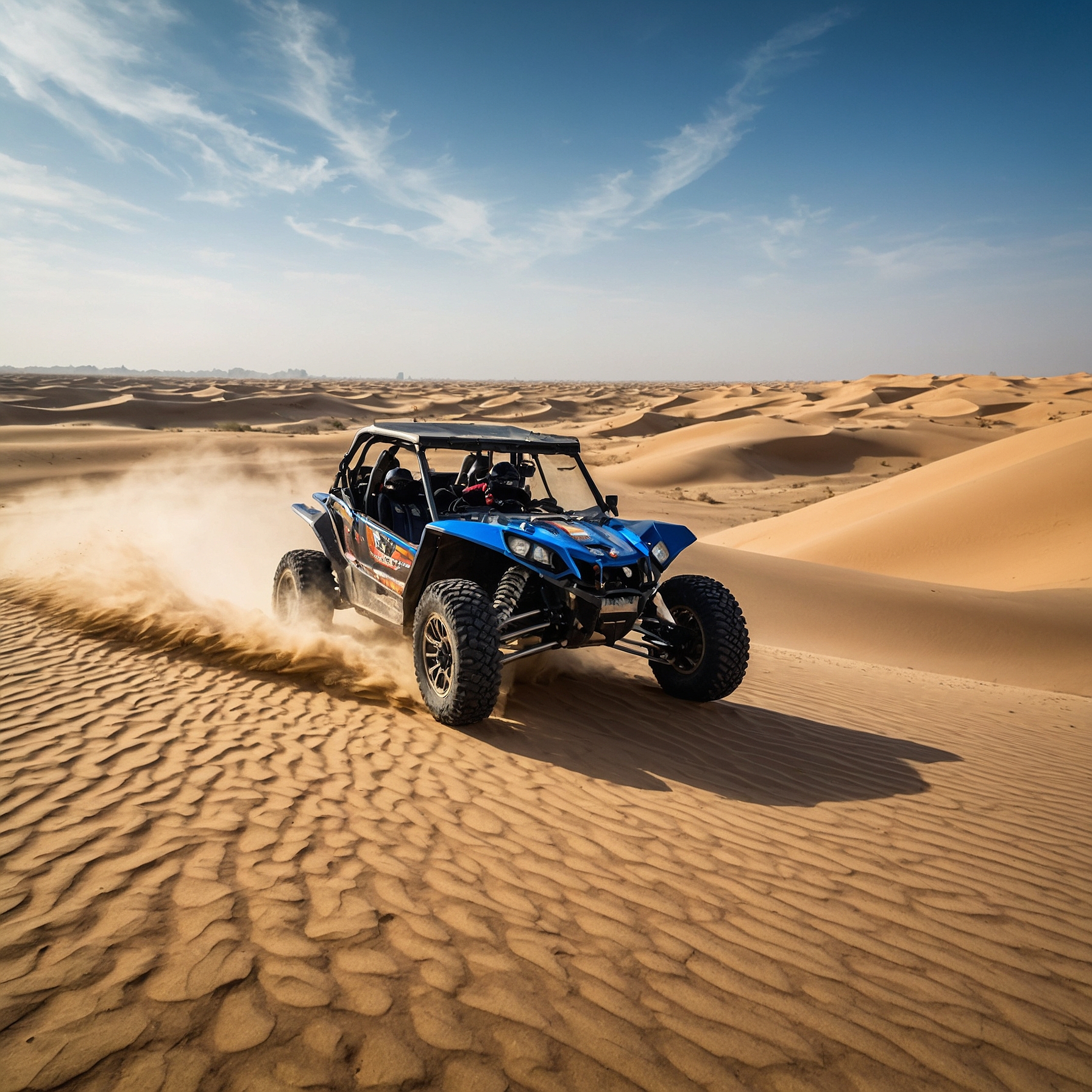 Action-packed scene of a buggy racing over towering sand dunes in Dubai, kicking up sand under a bright blue sky." @exploredesertsafari.com