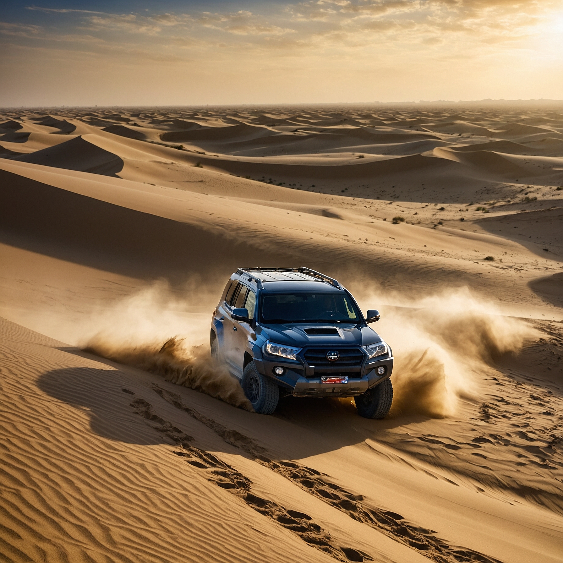 Exciting scene of dune bashing in Dubai with a powerful 4x4 SUV speeding over golden sand dunes, kicking up sand under a bright blue sky." @exploredesertsafari.com