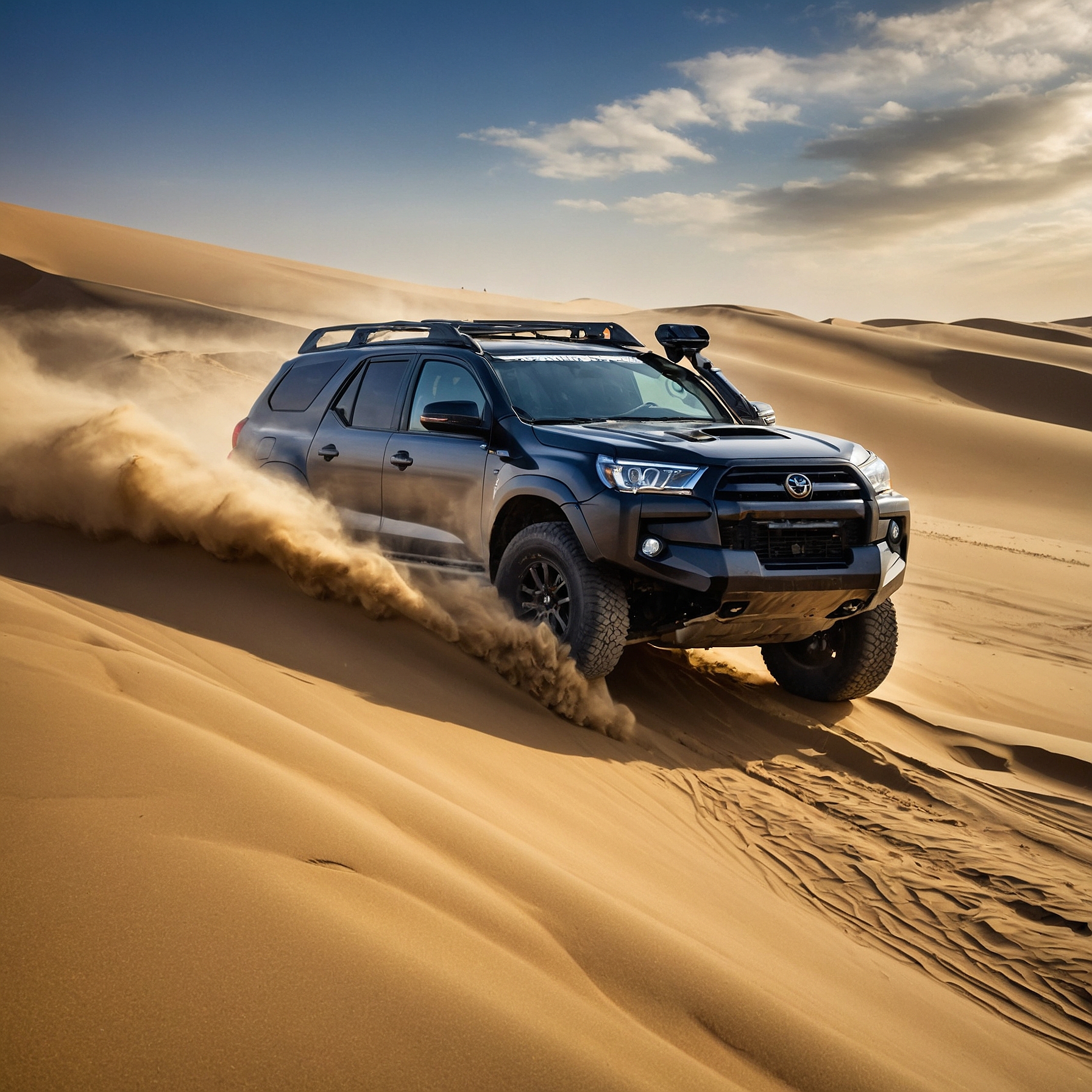 Thrilling scene of expert dune bashing drivers navigating steep sand dunes in 4x4 SUVs, kicking up clouds of sand under a clear blue sky." @exploredesertsafari.com