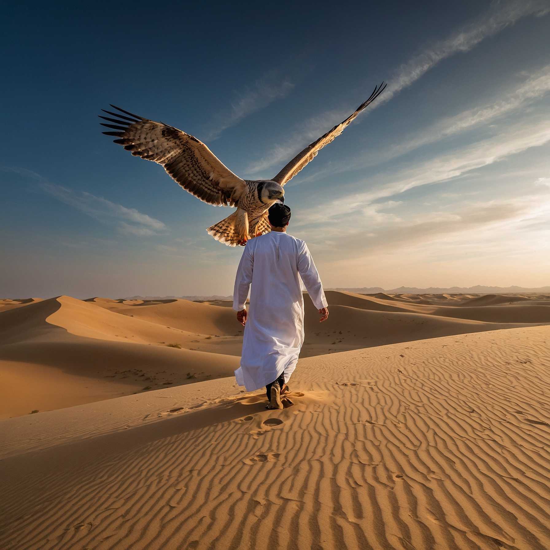 Dynamic scene of a falconry display in the Dubai desert, featuring a falcon in mid-flight and a falconer holding another falcon against a backdrop of golden sand dunes." @exploredesertsafari.com