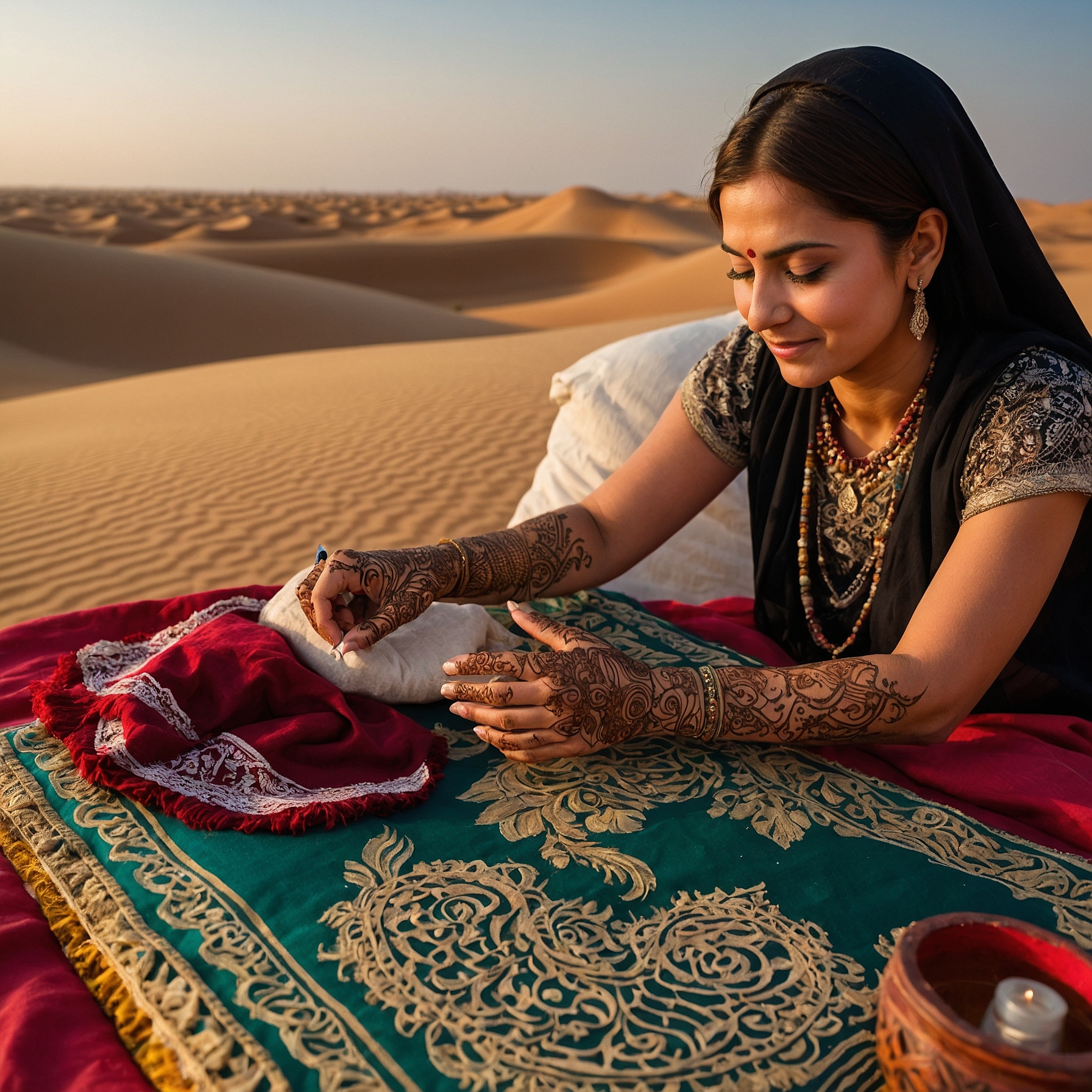 Beautiful scene of traditional henna painting in the Dubai desert with a skilled artist applying intricate designs on a guest's hand under soft lantern light." @exploredesertsafari.com