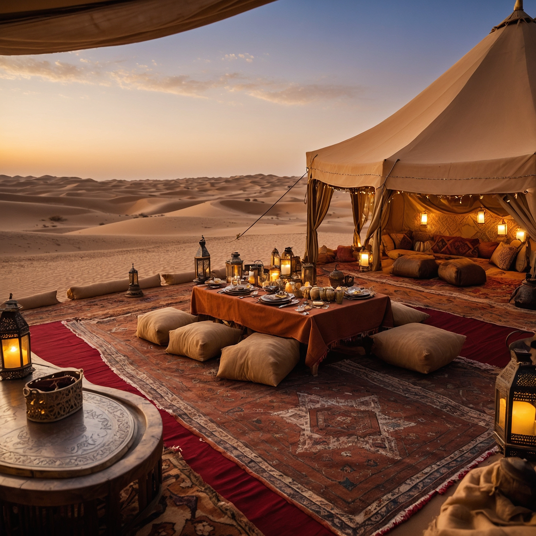 uxurious Bedouin-style camp in the Dubai desert with a large elegant tent, rich carpets, plush cushions, and a gourmet dining setup under a starry night sky." @exploredesertsafari.com