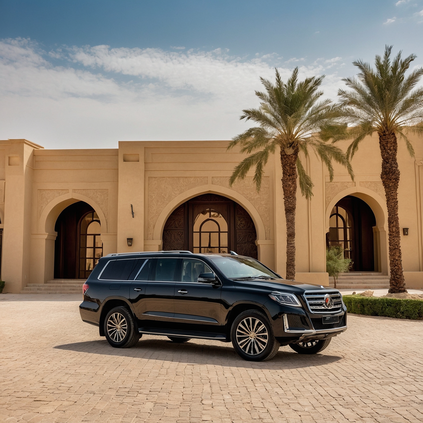 Luxurious pick and drop service for desert safari in Dubai, with a sleek 4x4 SUV parked near a high-end hotel entrance, ready to transport guests." @exploredesertsafari.com