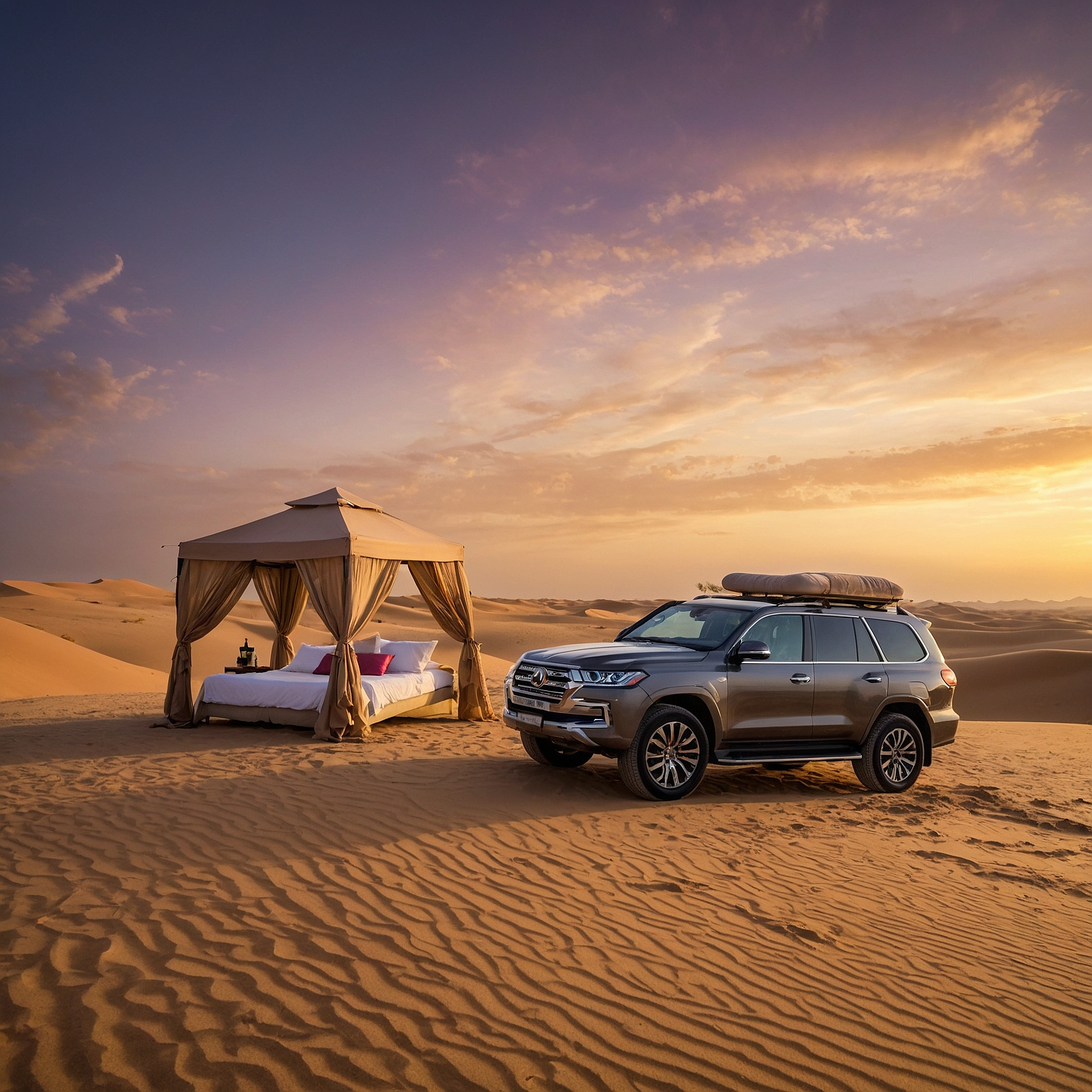 Luxurious private desert safari in Dubai with a 4x4 SUV, couple relaxing under a canopy, a guide with a falcon, and a stunning sunset over sand dunes." @exploredesertsafari.com