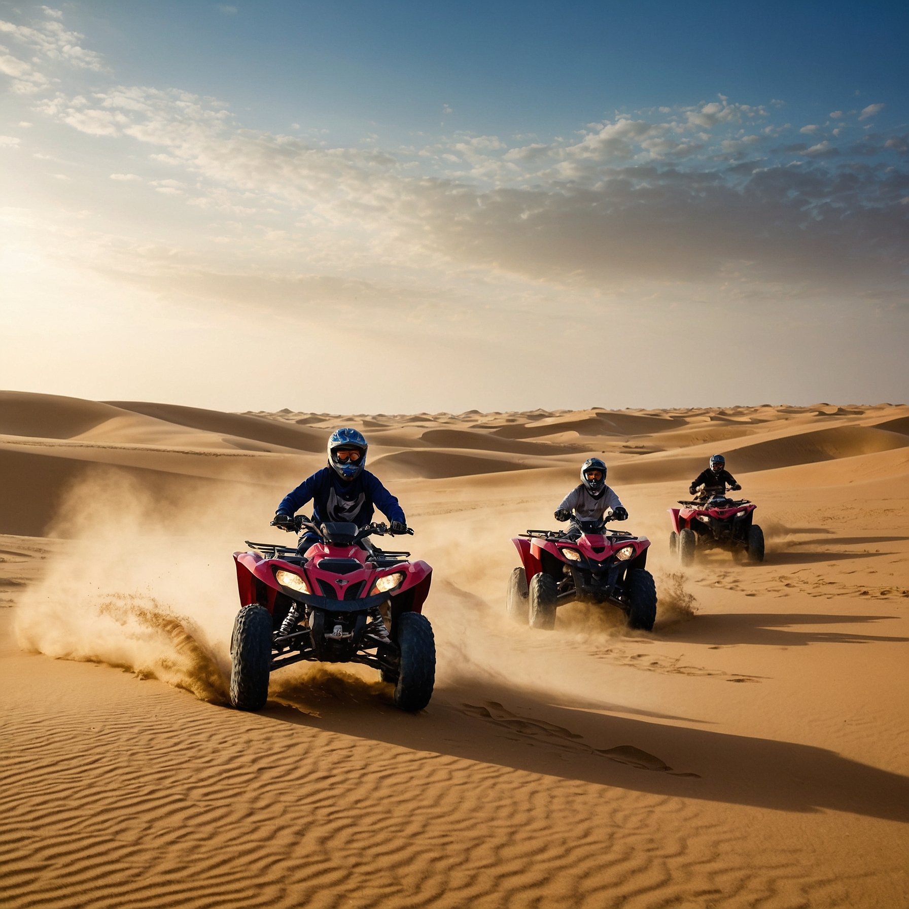 Action-packed scene of quad biking in the Dubai desert, with a rider speeding across golden sand dunes under a bright blue sky." @exploredesertsafari.com