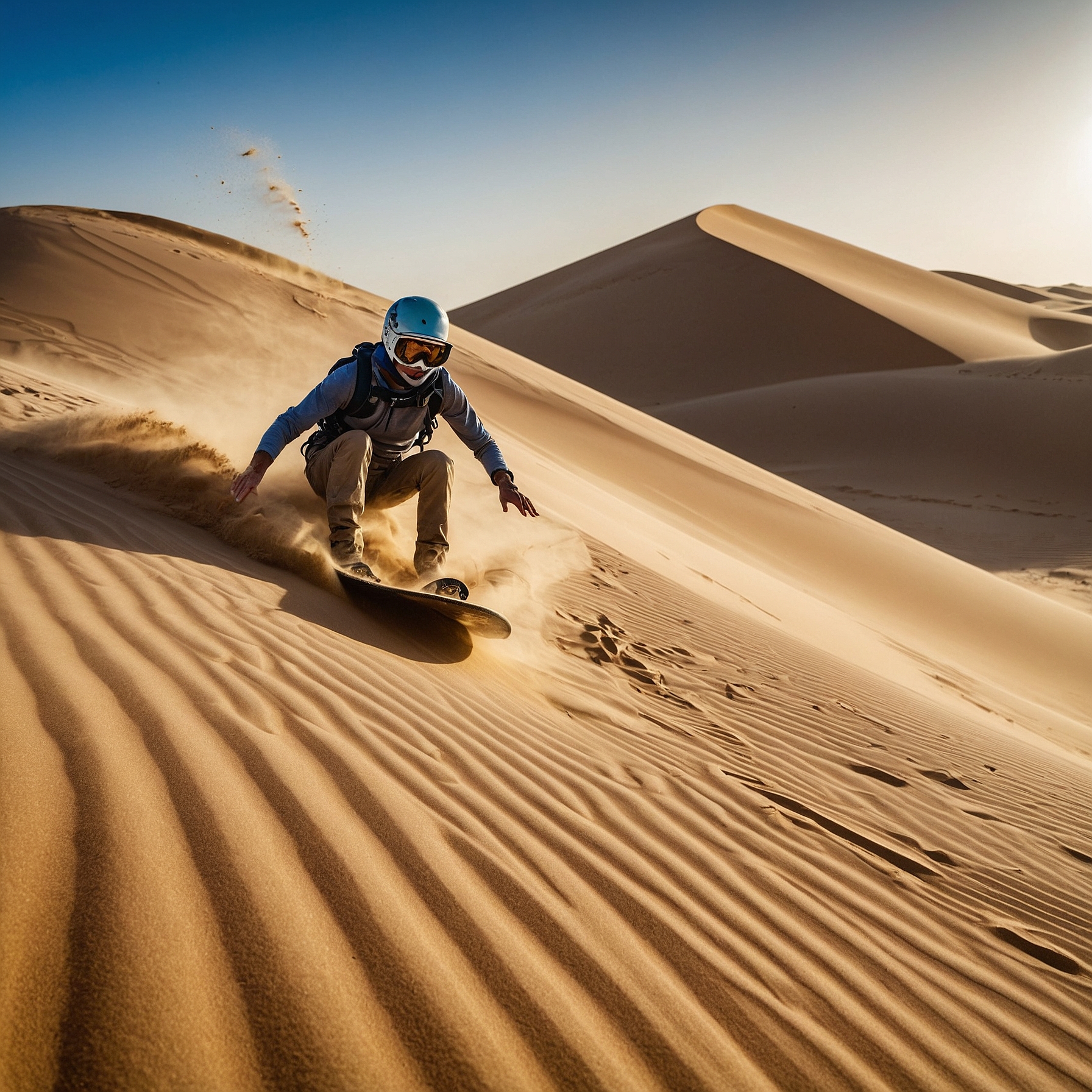 Exciting scene of sandboarding in the Dubai desert with a person surfing down a steep sand dune, kicking up sand under a bright blue sky." @exploredesertsafari.com