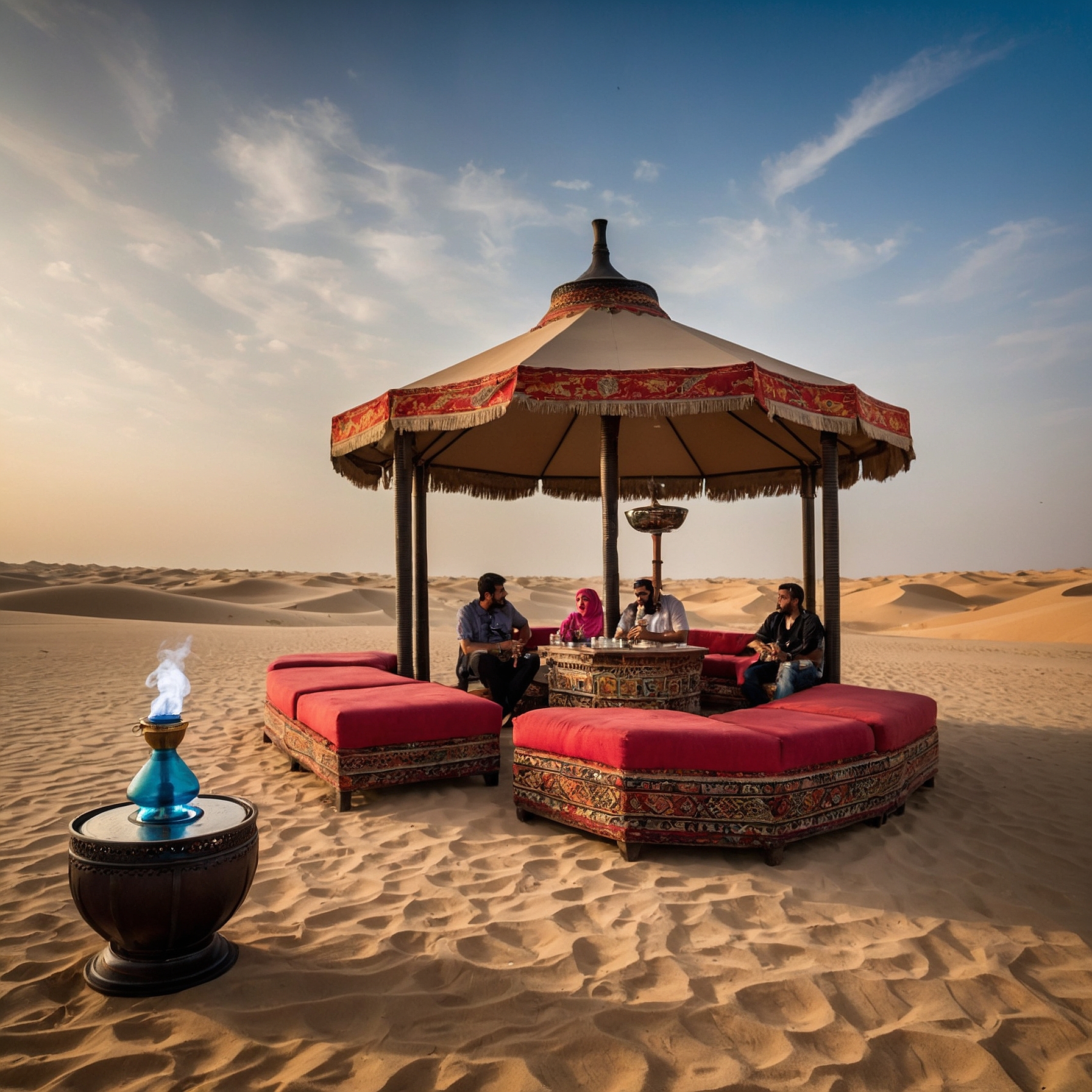 Modern and luxurious shisha setup in the Dubai desert with sleek seating, soft lighting, and sand dunes under a starry sky." @exploredesertsafari.com