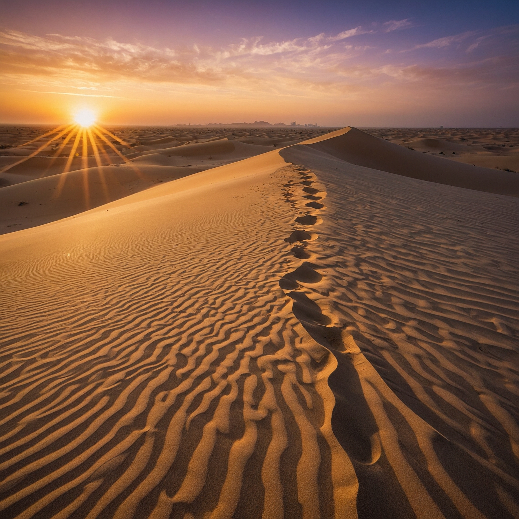 Split-scene of the Dubai desert showing a vibrant sunset with bold orange and pink hues, and a peaceful sunrise with soft orange and light blue tones over golden sand dunes.