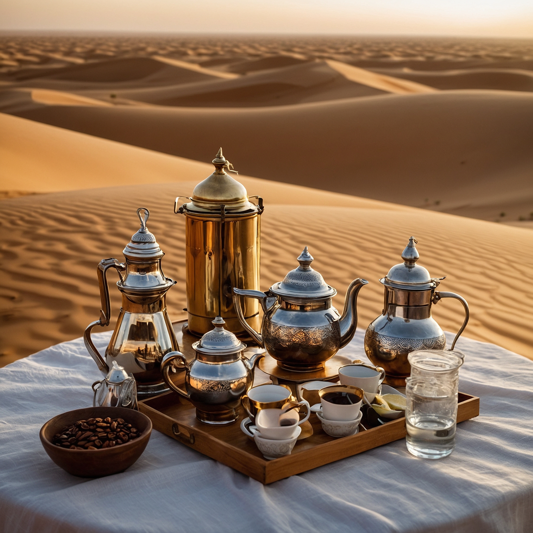 Cozy scene in the Dubai desert with a traditional setup of Arabic tea, coffee, ghawa, and soft drinks, with plush seating and sand dunes in the background." @exploredesertsafari.com